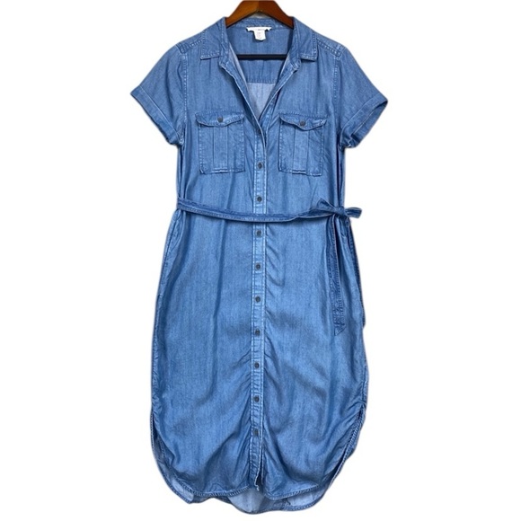 Lucky Brand Chambray Button Front Belted Shirt Dress Size M Blue - Picture 1 of 9